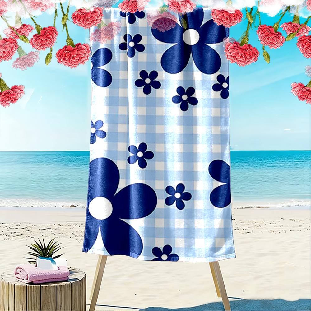Blue Floral Pattern on Checkered Background Beach towel quick-drying for travel outdoor sports jogging beach and swimming