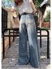 Women's High Waist Retro Ripped Wide Leg Jeans
