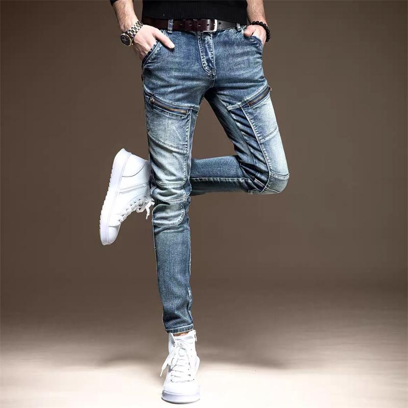 Tide Patchwork Slim Fit Men's Motorcycle Jeans - Trendy, Handsome & Elastic for Spring and Autumn