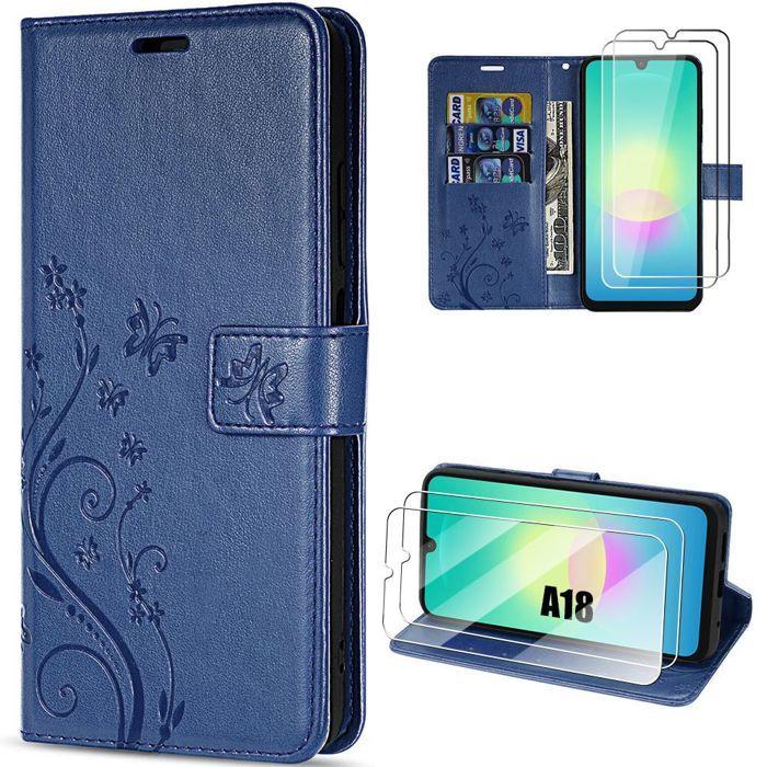 Coque pour Samsung Galaxy A18 4G/5G, Effet Cuir Relief Floral - Bleu Marine - 2 Verres Trempés