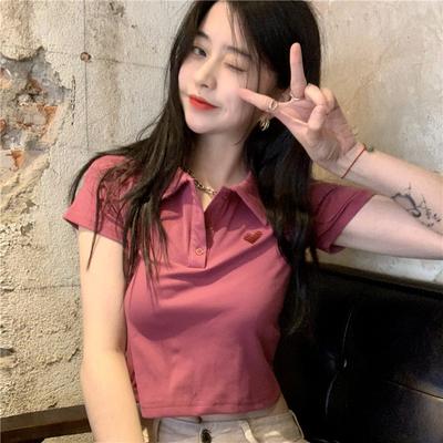 Tricou de vară coreean nou, stil Slim și Slim, brodat, cu guler POLO, stil Hot Girl, scurt, cu mânecă scurtă, pentru femei