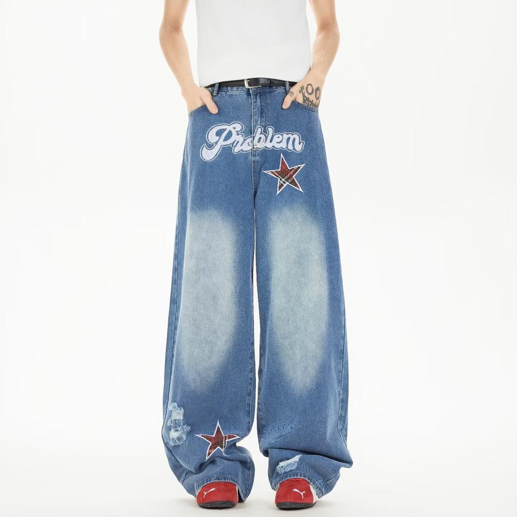 Men's Mid Rise Washed Cat Whisker Barrel Jeans Loose Wide Leg Denim Pants American Vintage High Street Y2K Casual Four Seasons Long Trousers