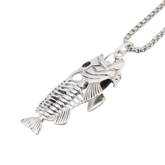 Fish Bone Necklace Punk Street Style Hollow Fish Skeleton Pendant серебряный