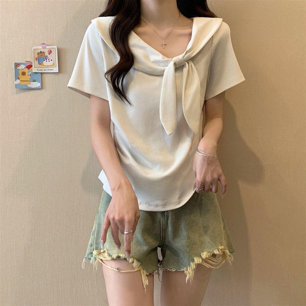 Navy Bow Collar Plus Size Short Sleeve T-Shirt - Women's Loose Fit Summer Top