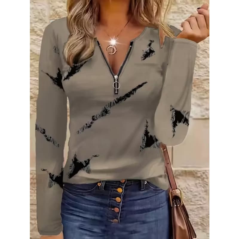 T-shirt da donna con stampa creativa, zip e maniche lunghe, traspirante, morbida e confortevole, adatta per l'abbigliamento casual tutto l'anno