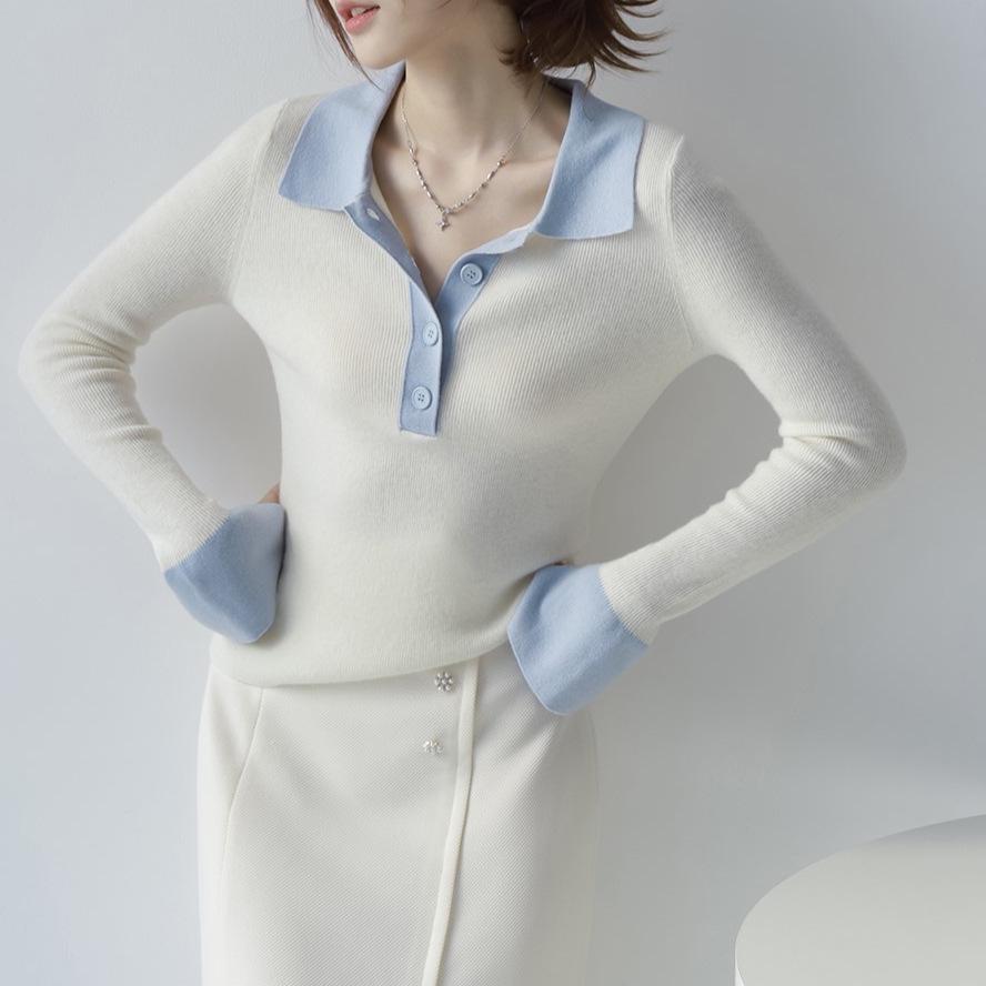 MZOXOM Women's Color Block Polo Collar Sweater - High-End Pullover Knitwear