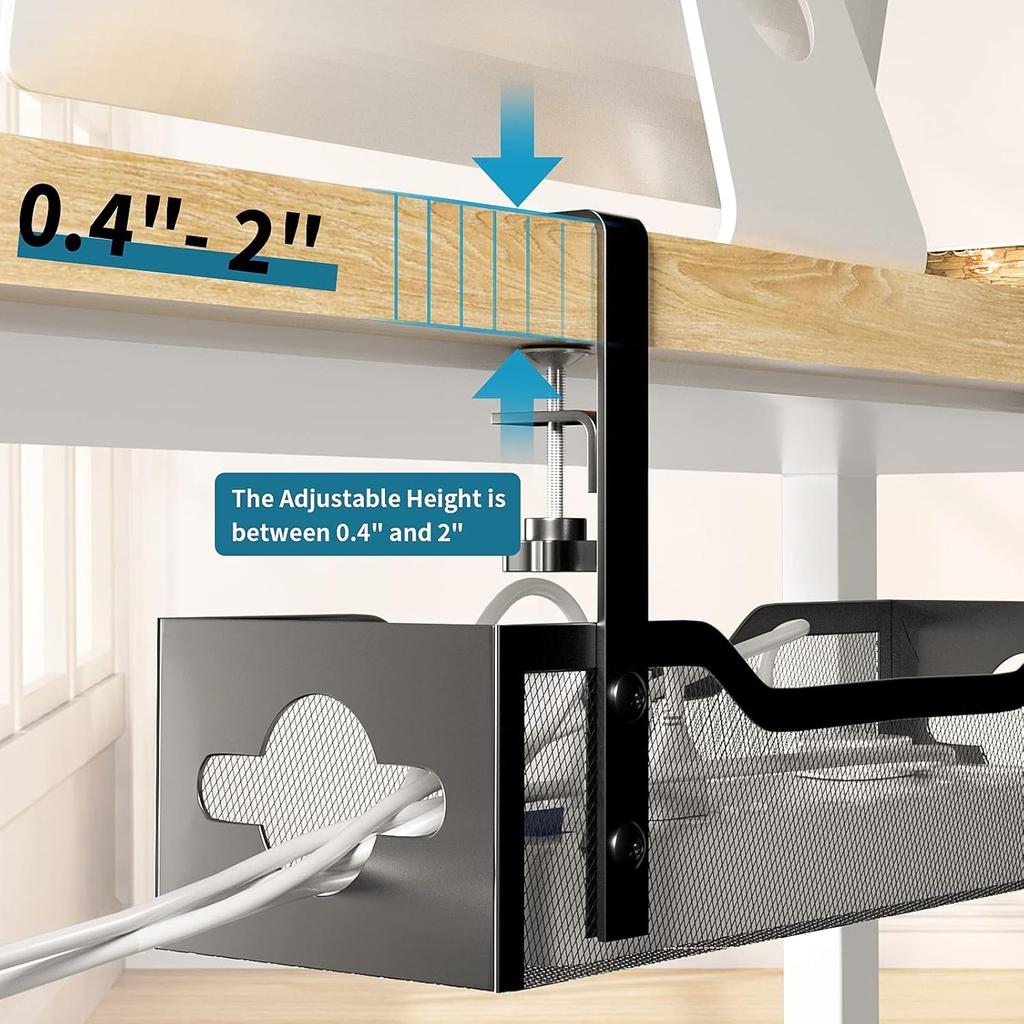 Under Desk Cable Management Tray No Drill, Metal Mesh Cable Management Under Desk with Clamp Mount, 2 Hole Cable Tray with Wire Management and Cord