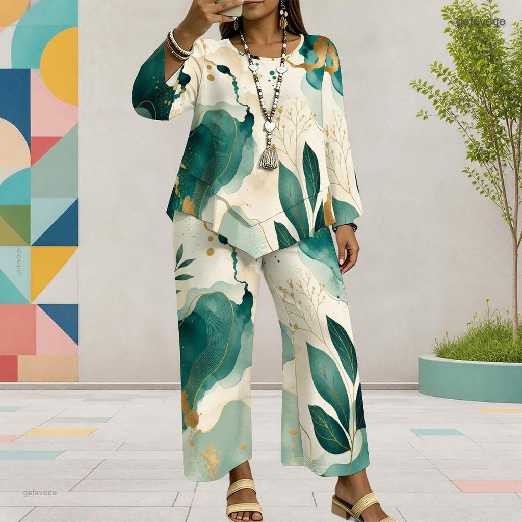 Women Plus Size Two Piece Set Round Neck Long Sleeve Printed Layered Top Wide Leg Cropped Pants