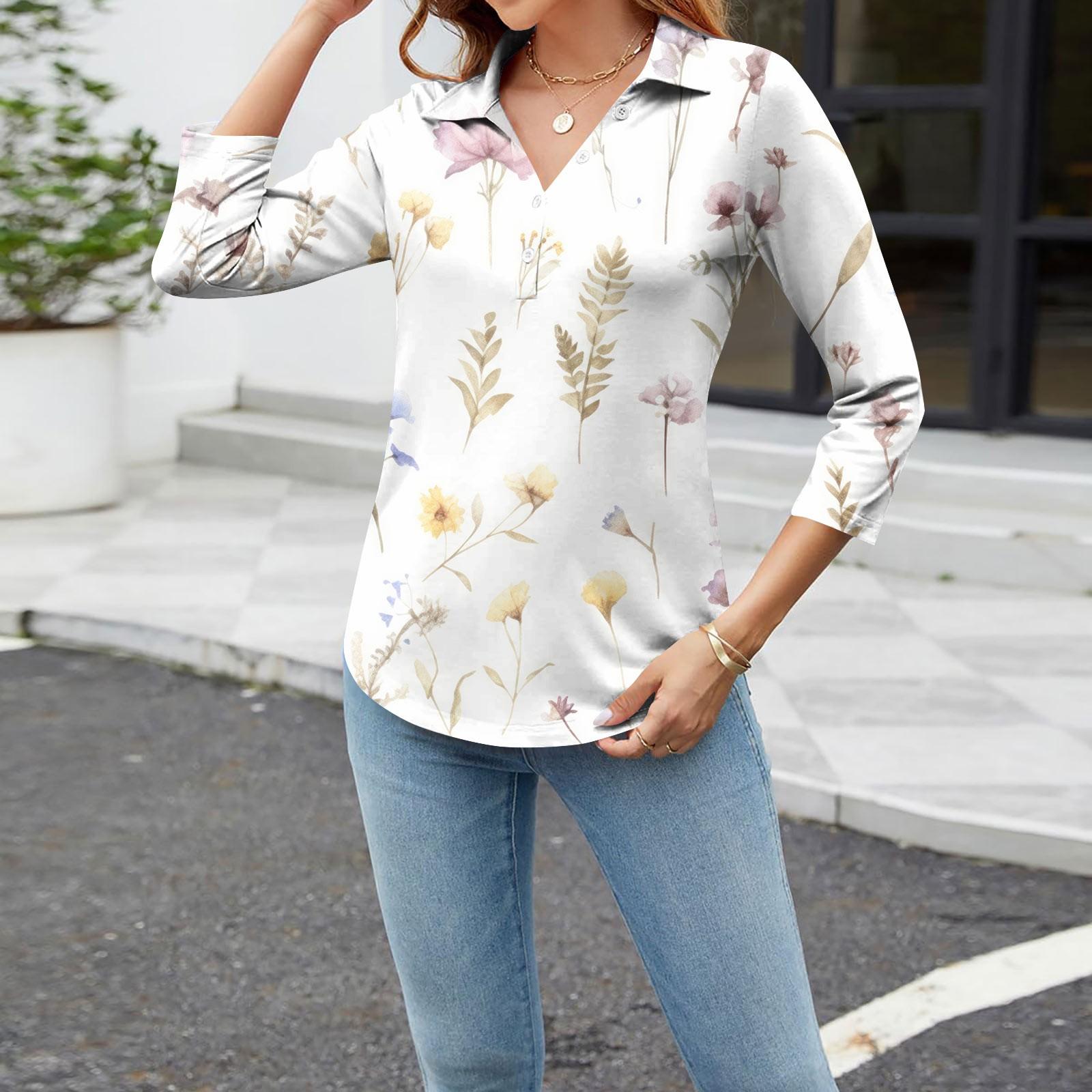 Женская модная повседневная рубашка с лацканами и цветочным принтом на пуговицах — фото 9