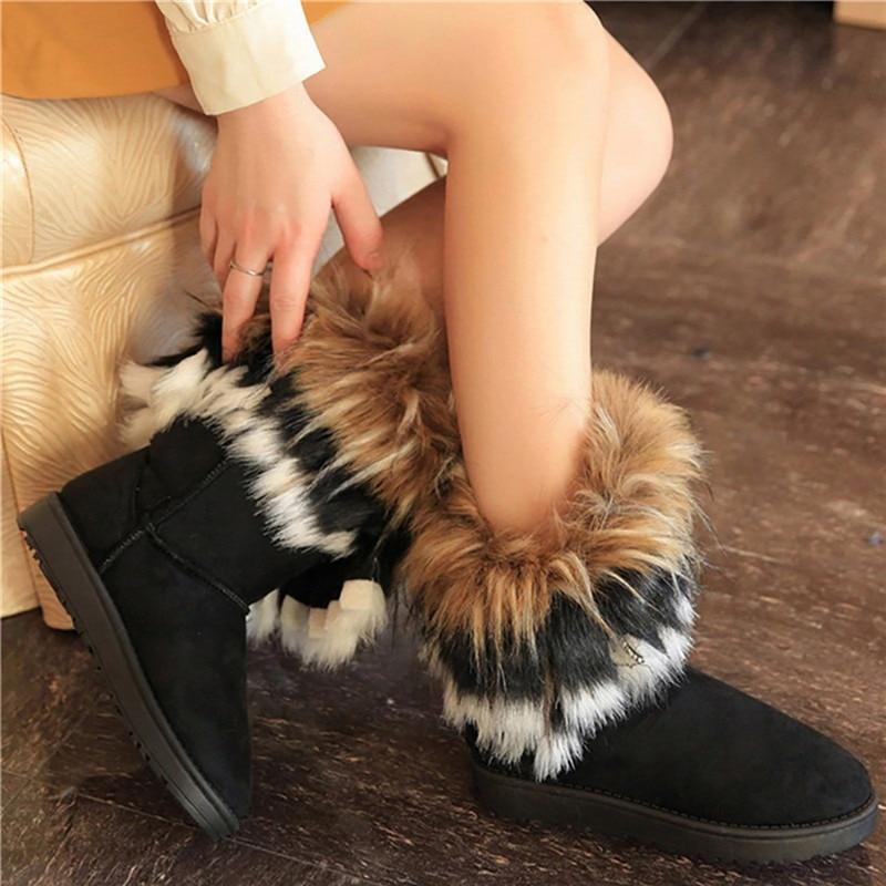 Non -Slip Snow Boots Women Winter Warm Fluffy Fur Ankle Boots Ladies Plush Shoes Female Furry Flock Platform Boots Slip -On Botas