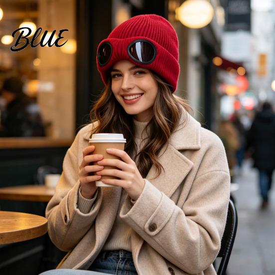 Caldo Berretto Morbido in Acrilico Lavorato a Maglia con Occhiali Unisex Cappello Invernale Foderato in Pile Antivento Termico Cuffia per Ciclismo Sci Moda da Strada