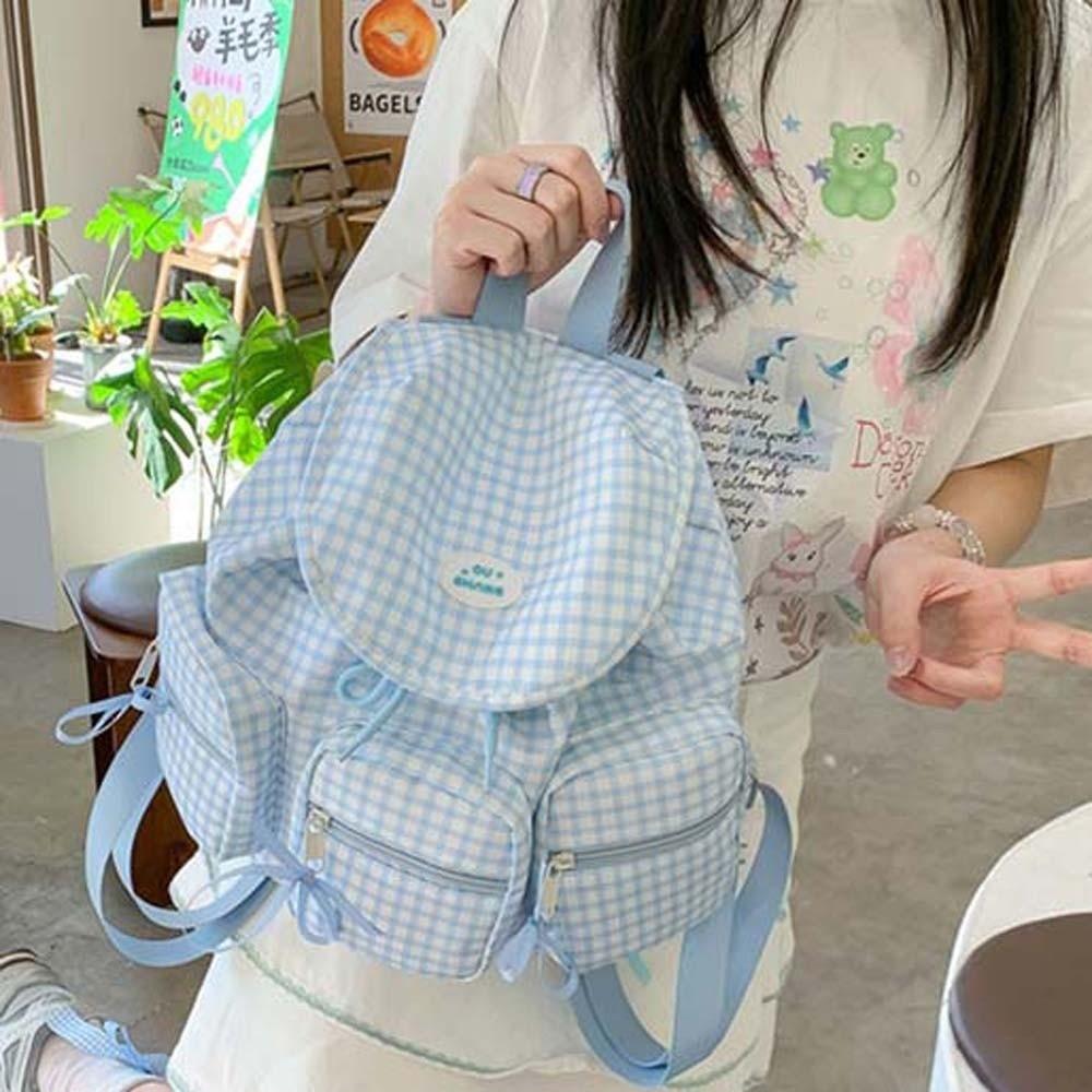 

Plaid Women Daily School Bag Large Capacity Silver PU Daypack Korean Drawstring Backpack Women жовтий