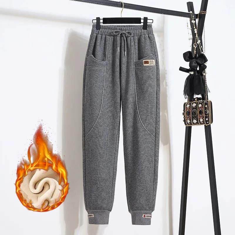 Damen Winterhose Einfarbige Hochtaillierte Hose Verdickte Übergröße Einfache Lockere Freizeit Warme Kordelzughose