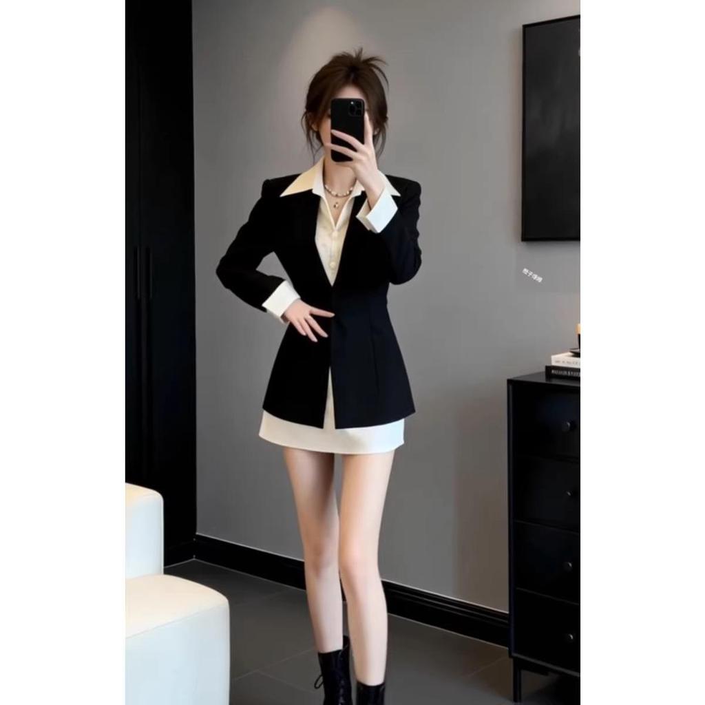 High-End Color-Block Slimming Waist-Cinching Long-Sleeve Dress for Women - Elegant Autumn/Winter Style