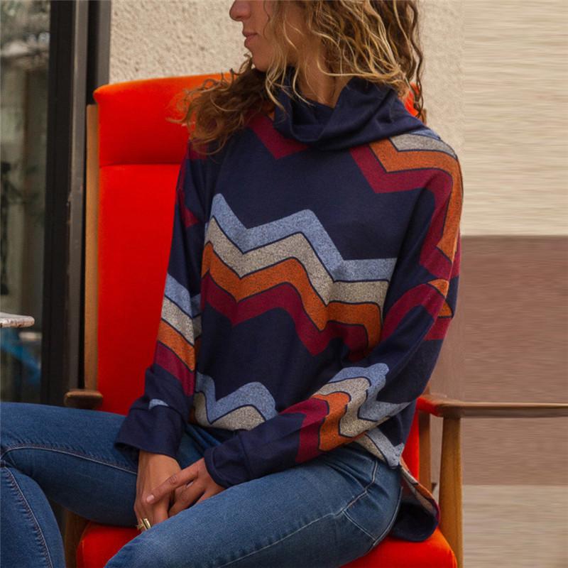 

Печать Повседневная мода с длинным рукавом с высоким воротником Женская футболка Топы Женская блузка S тёмно-синий