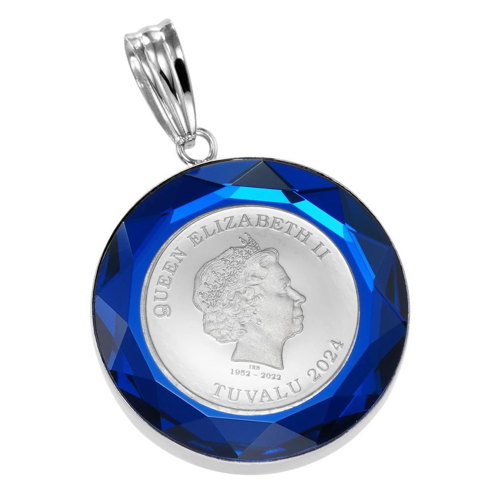 Pt999 Pure Platinum Coin Pendant Tuvalu Horse Pt900 Frame Cut Glass Blue Engraved [SPERANZA] 1/25oz