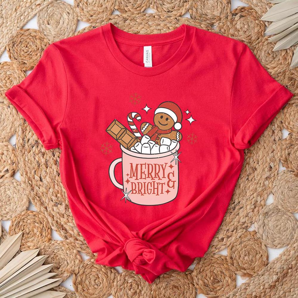 Gingerbread Retro Merry T Shirt Cute Xmas Tshirt Christmas Graphic T Shirts Merry Christmas Tee Womens Holiday Tops