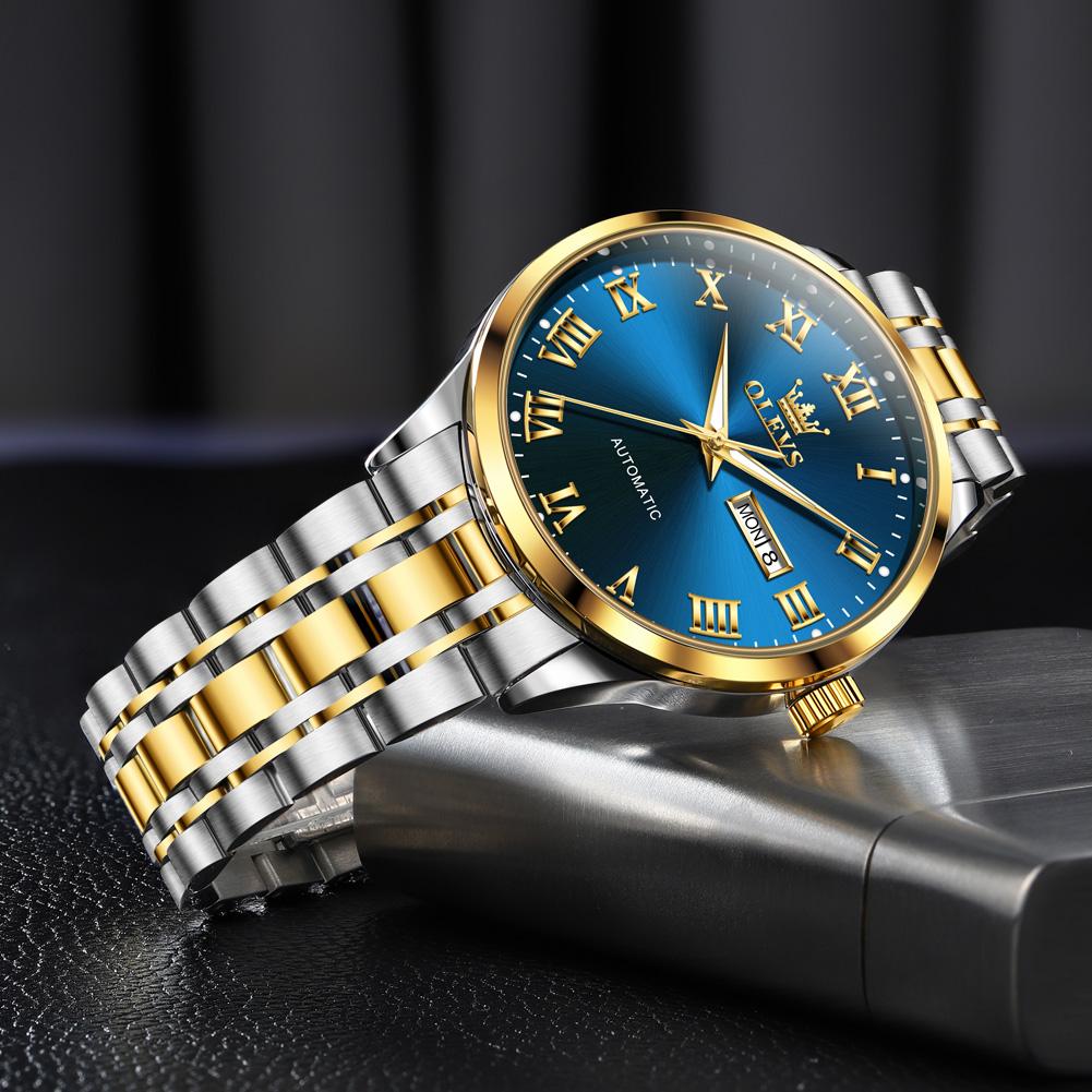 New OLEVS Watches Rome Time Blue Automatic Mechanical Watch For Men Waterproof Stainless Steel Clock
