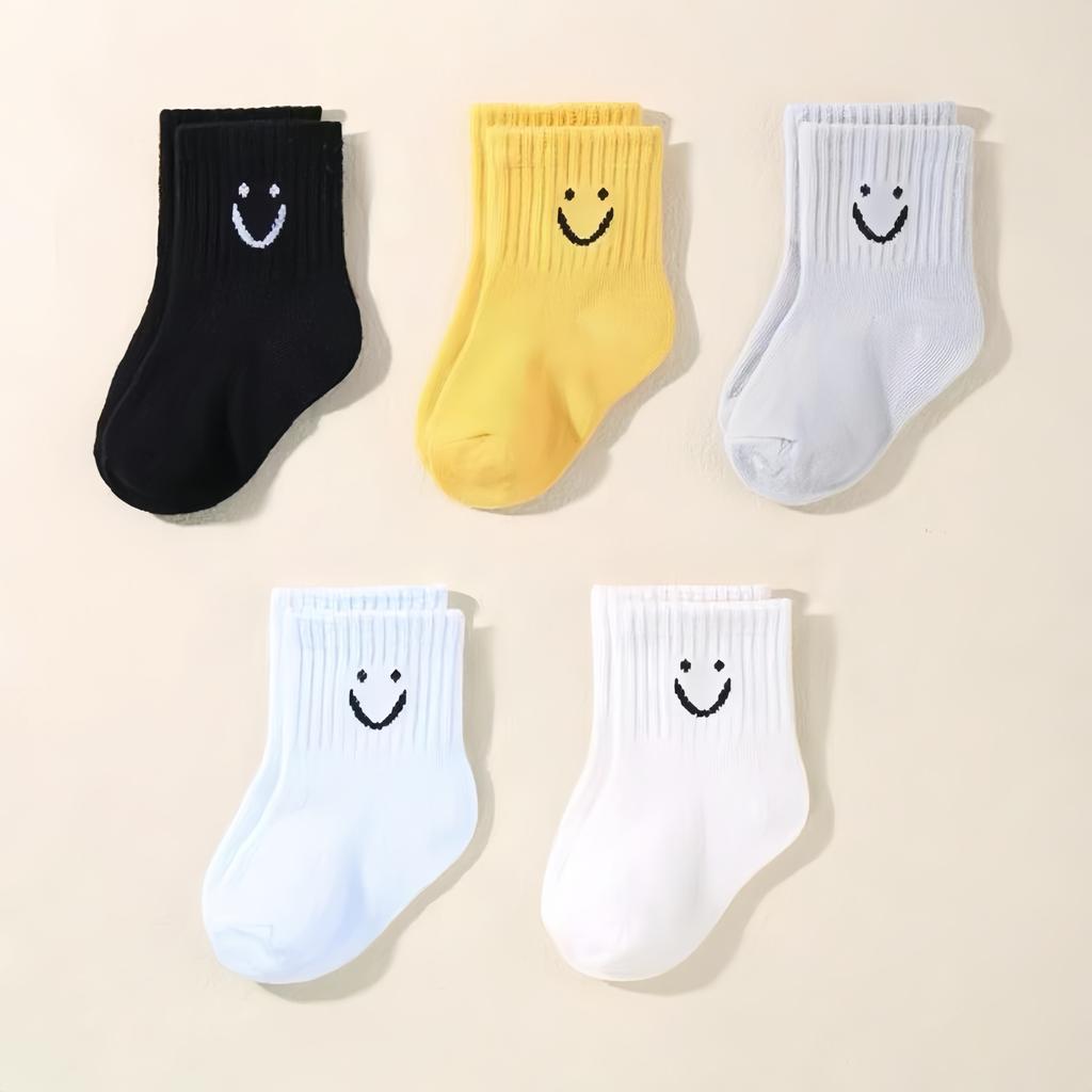 5 Pairs Baby Socks Cotton Toddler Soft Comfortable Breathable All-Season Cartoon Smile Pattern Kids Footwear For 0-5 years
