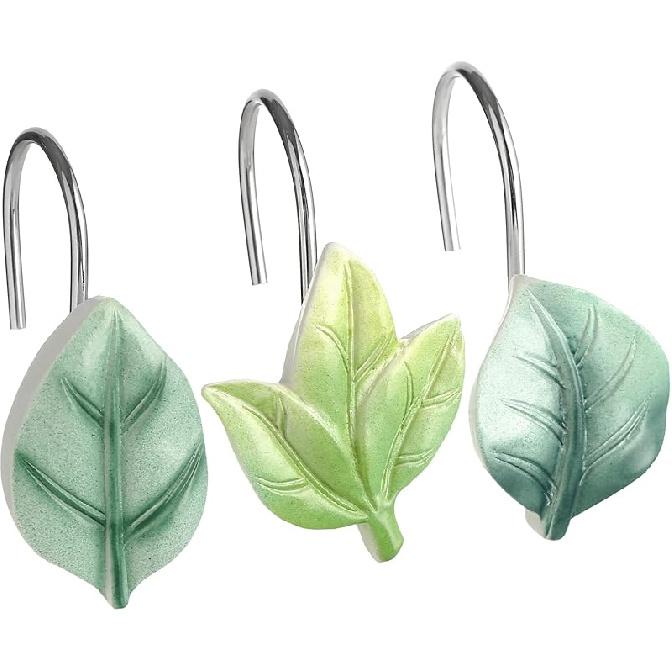 Gibelle 12 ST Blad Duschdraperikrokar, Grön Växtblad Dekorativa Duschdraperikrokar Metall Rostskyddad Söt Eukalyptus Duschdraperiringar
