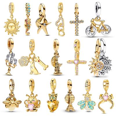 925 Silver Golden Cross Charms Beads For 3mm Bracelet DIY Jewelry Making Women Gifts New In 