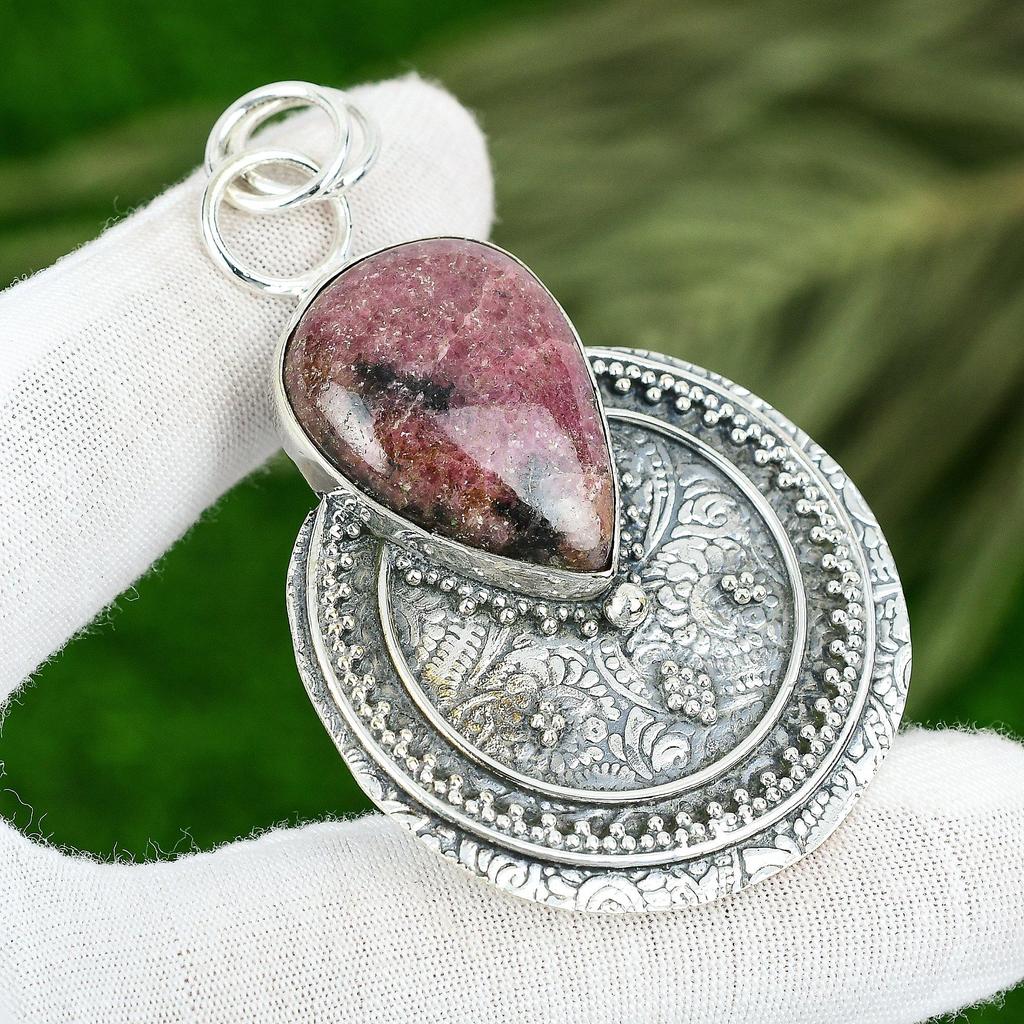 Sisters Day Sale 925 Silver Pear Rhodonite Gemstone Bezel Wife Pendant Jewelry