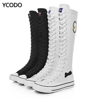 Vår Höst Dam Stövlar Canvas Mid Calf Boots Casual High Top Skor Långa stövlar Snörning Dragkedja Bekväma platta stövlar Storlek 34-43