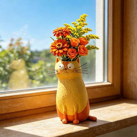 Quirky Cat Vase Handcrafted Resin Cat Flower Vase Funny Kitty Planter for Desk Shelf Boho Home Decor Gift for Cats Lovers