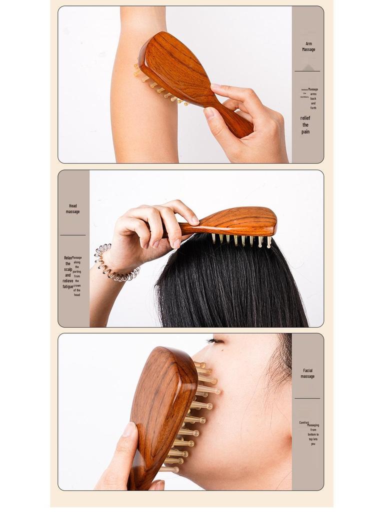 Curved Handle Ox Horn & Sandalwood Massage Comb with Pin Teeth for Men and Women