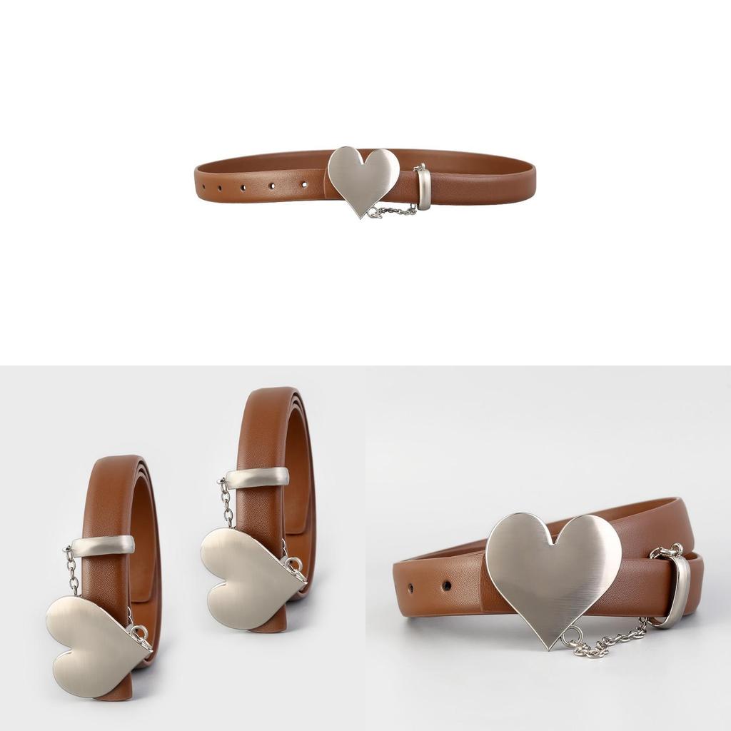 Womens Fashion Leather Belt With Heart Buckle And Chain Decor For Casual And Date Wear