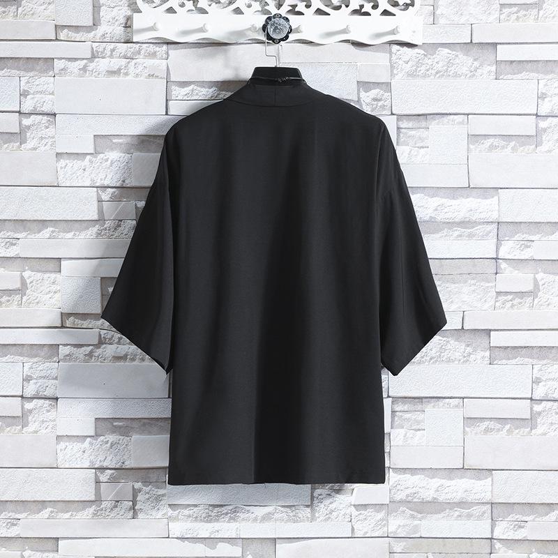 Men's Casual Seven-Sleeve Ice Silk Cardigan, Chinese Style, Solid Color, Plus Size