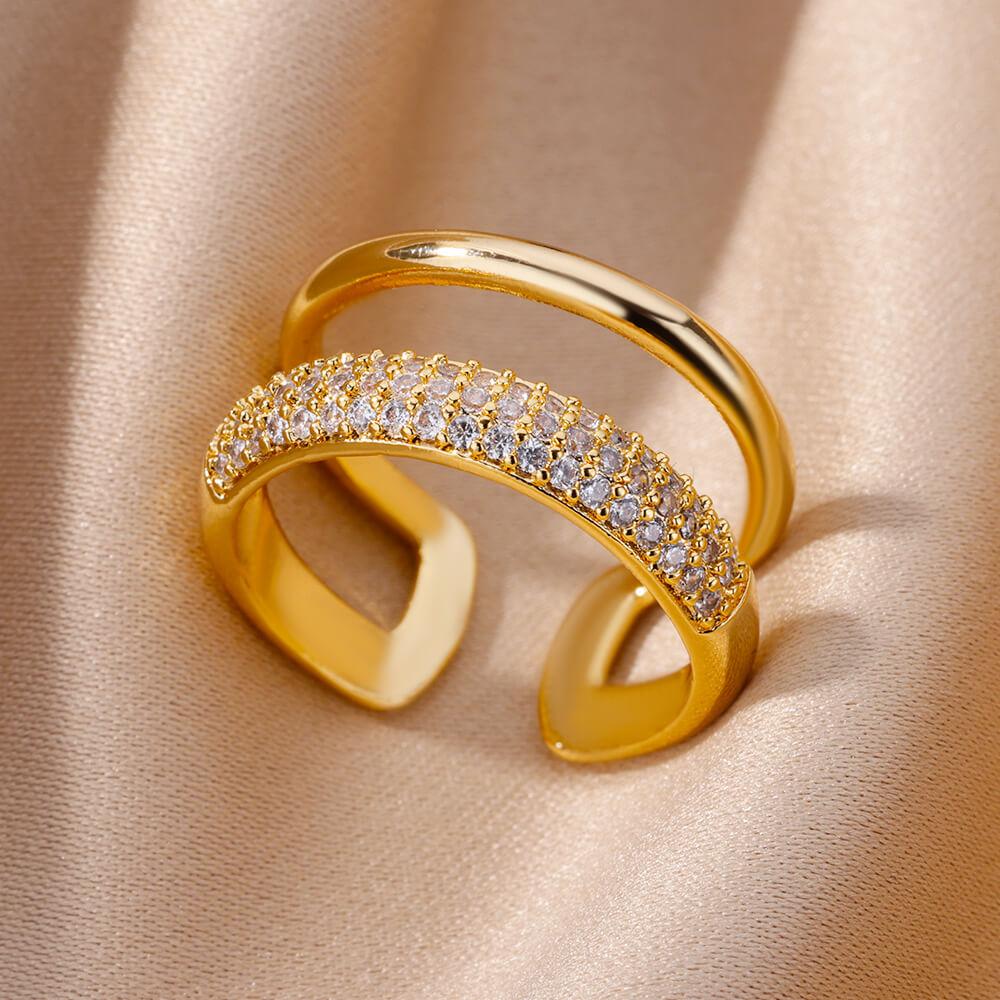 Vintage Geometric Zircon Rings for Women Stainless Steel Gold Color Punk Open Finger Ring Aesthetic Wedding Jewelry Bague Femme