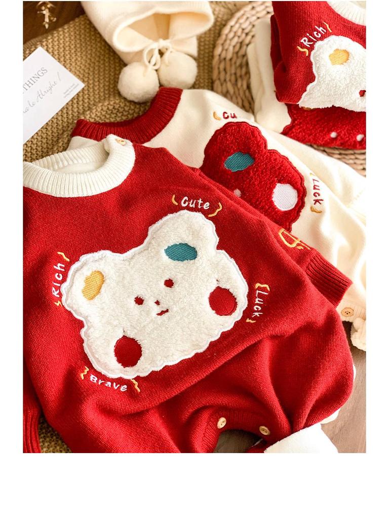 Slavnostní červená novorozenecká kombinéza - Podzimní/zimní svetrový overal