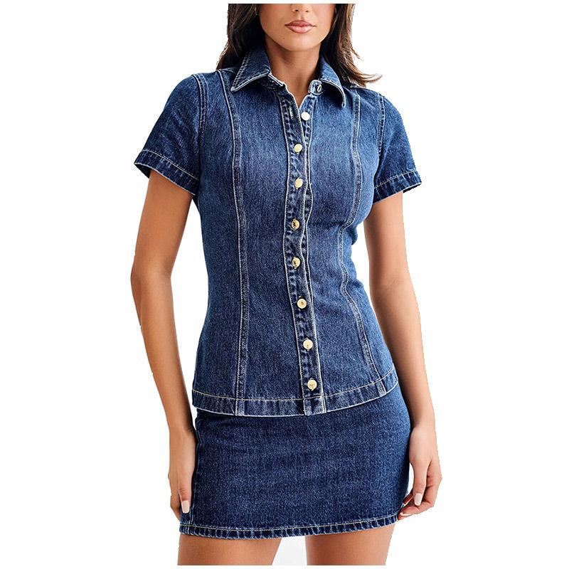 

Женские однобортные пиджаки с коротким рукавом, облегающие джинсовые комплекты из двух предметов, прямые, с запахом и очень короткой юбкой, женские костюмы XL темно-синий