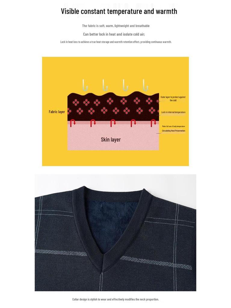 Dad's Fleece-Lined Sweater Vest: Warm Knitted Base Layer for Middle-aged and Elderly Men in Autumn and Winter.