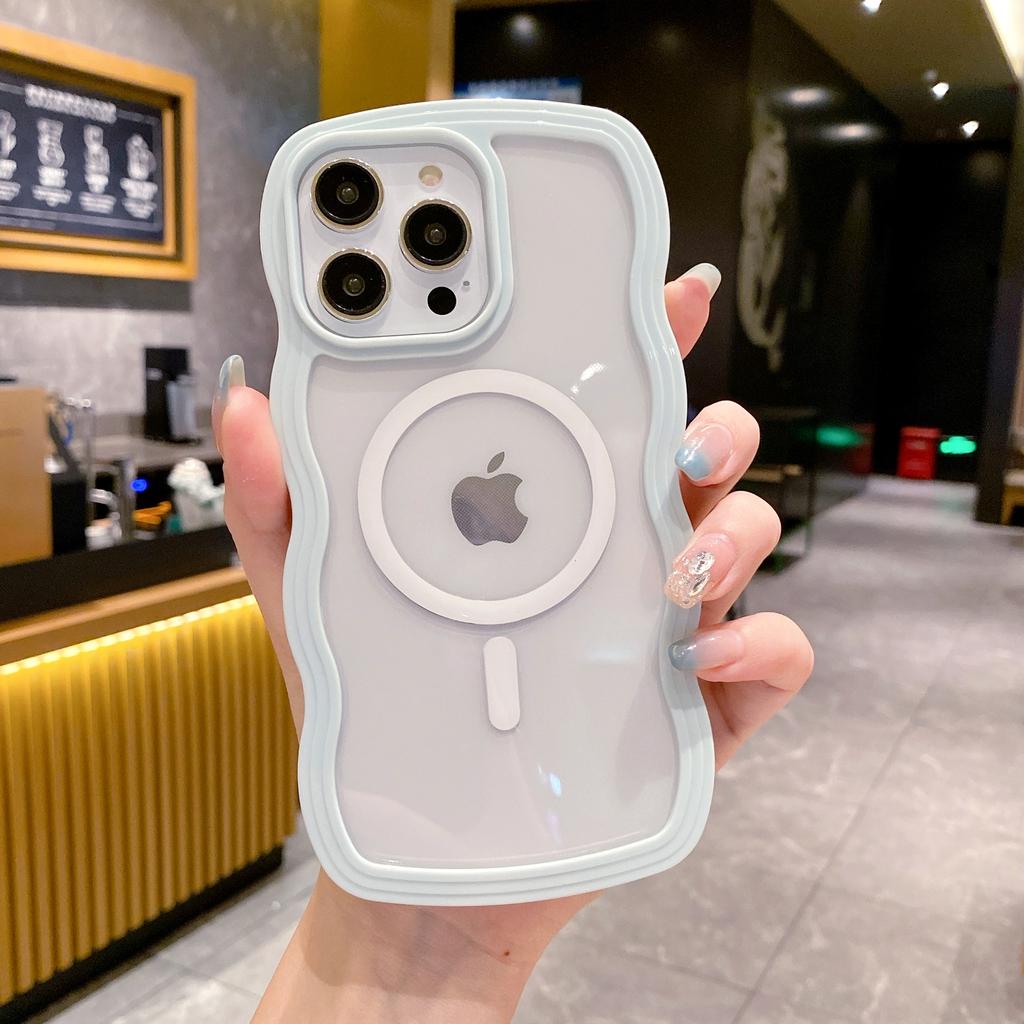 Cute Transparent Magnetic Phone Case For iPhone 16 15 14 13 12 11 Pro Max 15 16 Plus For Magsafe Charge Wave Frame Protect Cover