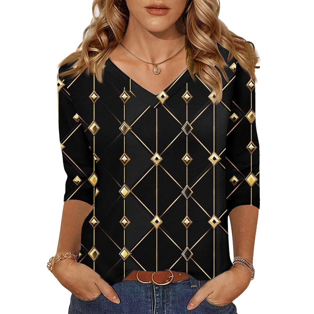 Women's Tops Three-quarter Sleeve Shirt V-neck Loose Casual Shirt Textured Printed T-shirt
