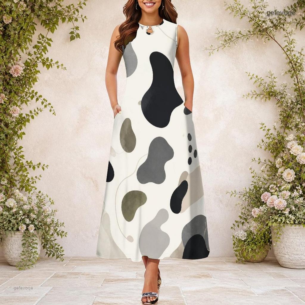 Women Plus Size Keyhole Neck Sleeveless Abstract Printed A Line Maxi Dress