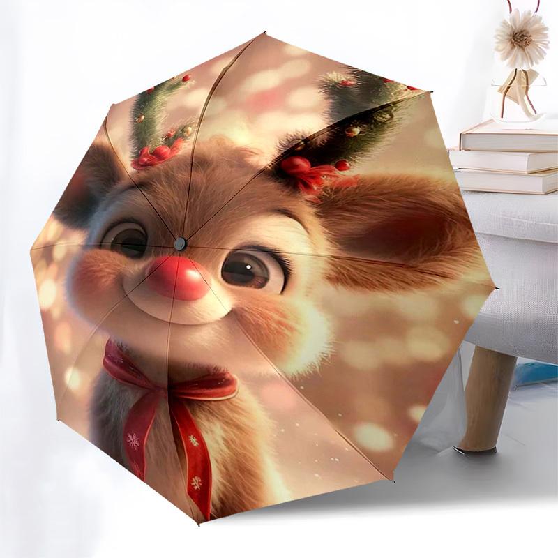 1pc Christmas Deer Antlers Automatic Folding Umbrella, Portable 3-Fold Design with Snowflake Pattern, Ideal for Fans, Travelers, Daily Use, and Festiv