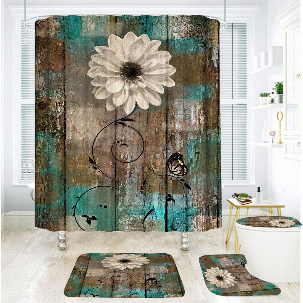 Badezimmer Duschvorhang Vierteilig Digitaldruck Holzmaserung Chrysanthemenpflanze Wasserdichter Duschvorhang Duschvorhang Trennvorhang