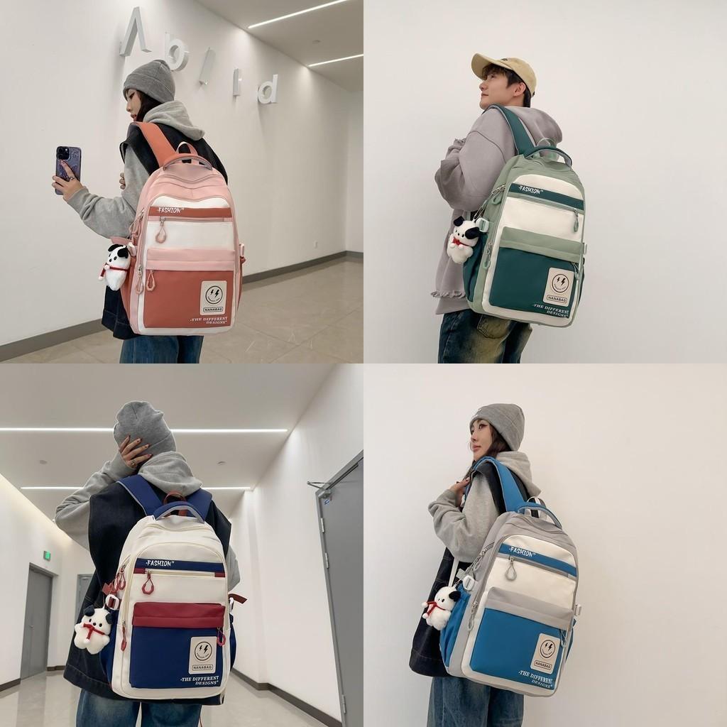 Retro Workwear Style Large Capacity Backpack Women Korean Version High School Students Color-blocking Trendy Shoulder Bag Men Travel Backpack