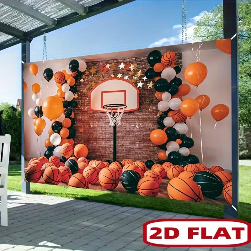 2D Basketball Hoop Backdrop with Orange Black Balloons & Bricks