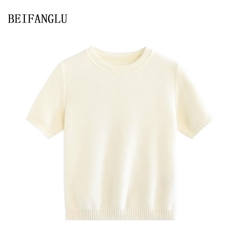 Northern Deer Women's White Knit Top - Summer Short Sleeve, Soft Cotton & Triacetate Blend, Elegant Texture, Style 26113