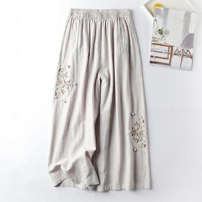 Women's Summer Thin Retro Ethnic Style Cotton and Linen Casual Pants Embroidered Comfortable Wide-legged Pants Nine Pants
