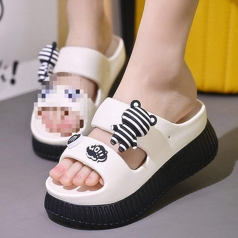 Women's Thick-Soled Cartoon Bear Slippers - Casual Home and Outdoor Summer Sandals, Height-Enhancing Design