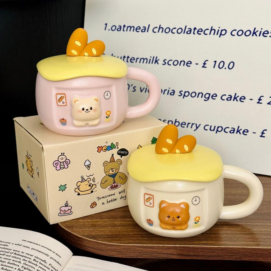 Cute Ceramic Mug with Lid Creative Household Milk Oatmeal Cup  Cheese Bread  Cute Bear Cartoon Cup  Souvenir
