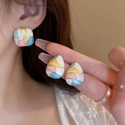 Colorful Glaze Water Drop Women's Stud Earrings Blue Pink Enamel Multi-colored Grids Small Square Earrings for Girls Boho Jewery