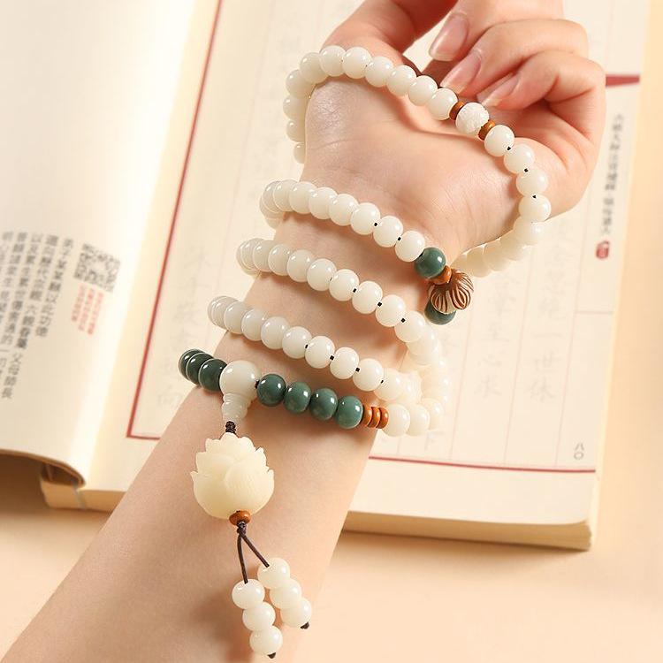 White Jade Bodhi Root 108-Bead Lotus Bracelet for Men and Women - Wenwan Prayer Beads