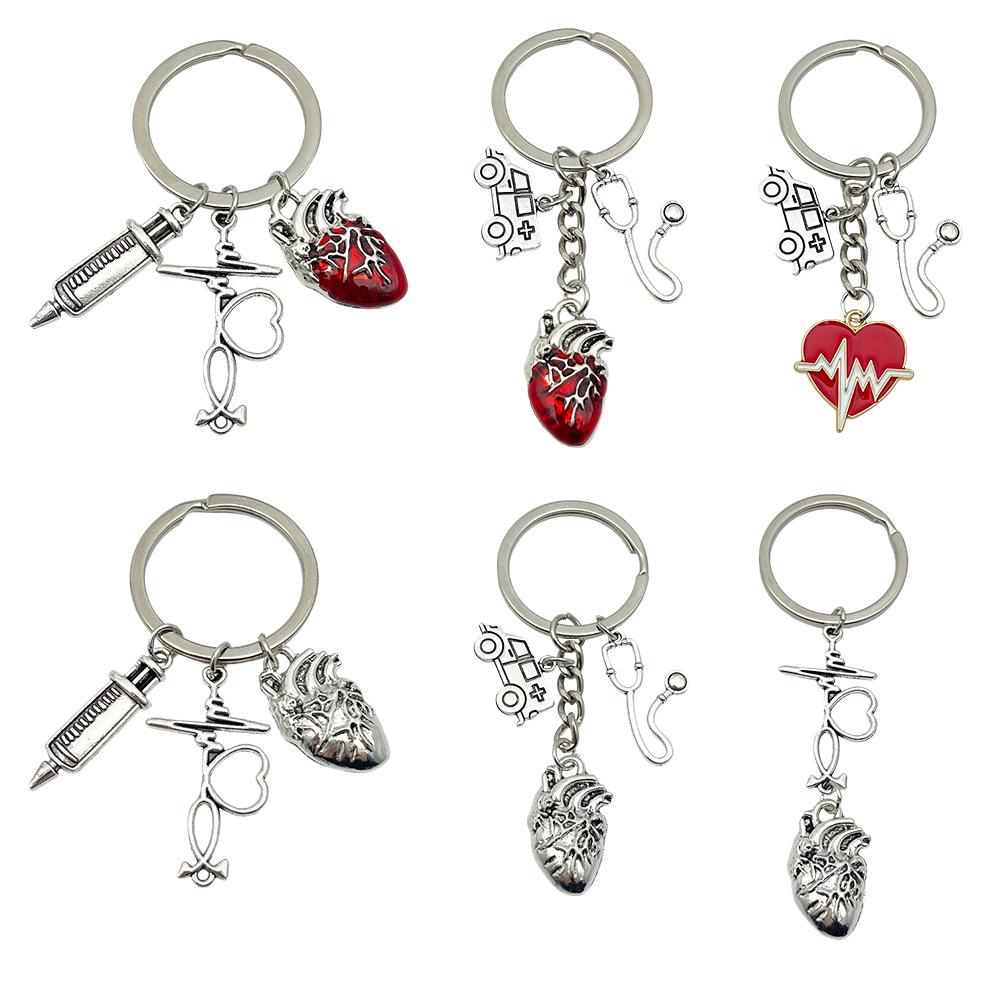 Cross-Border Nurse Tools Keychain with Syringe, Stethoscope, Heart & ECG Pendants