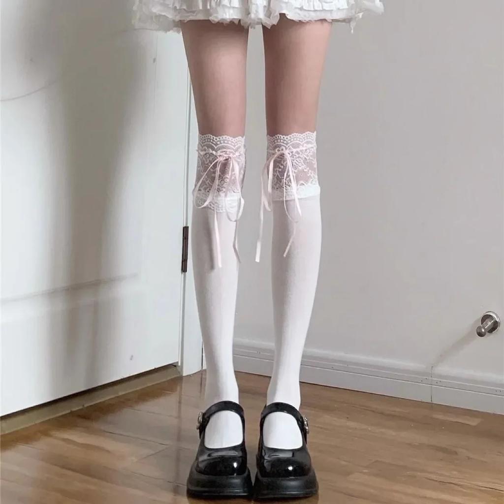 New Thigh High Socks Knit Lace Bowknot Autumn and Winter Thick Leg Warmers Stockings White Black Lolita Cute Over the Knee Socks